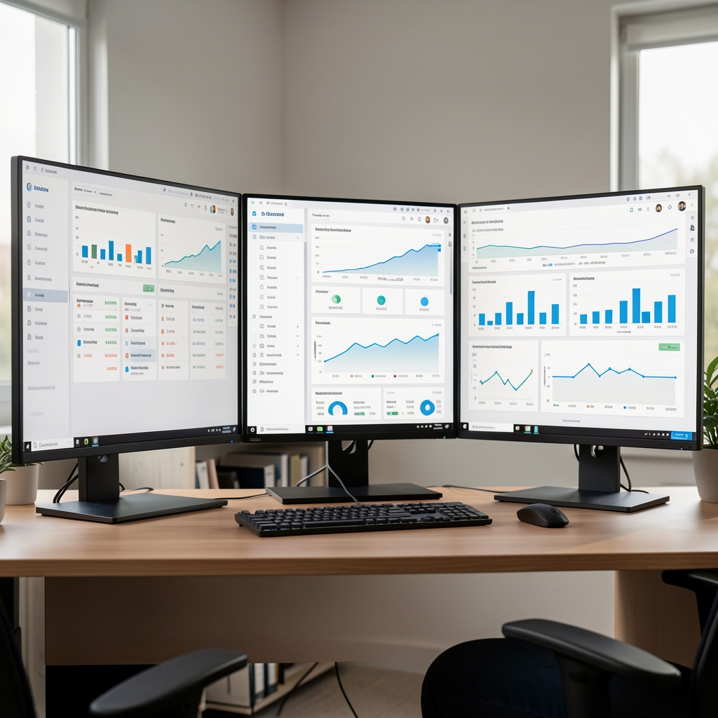 Adatvizualizációs dashboard több monitoron, statisztikákkal és interaktív grafikonokkal teli képernyők
