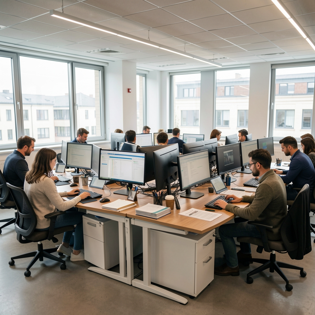 Modern szerkesztőség belső tere több monitorral és újságírókkal, akik az asztaloknál ülnek és dolgoznak