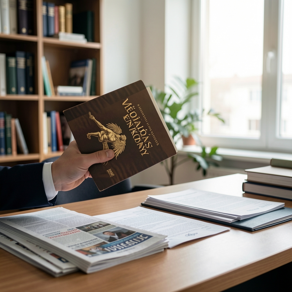 Médiajogász kezében törvénykönyv, az asztalon újságcikkek és jogi dokumentumok, irodai háttér természetes fénnyel