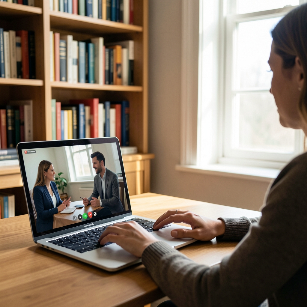 Újságíró laptopon videóhívást folytat egy interjúalannyal, a háttérben könyvespolc és természetes napfény